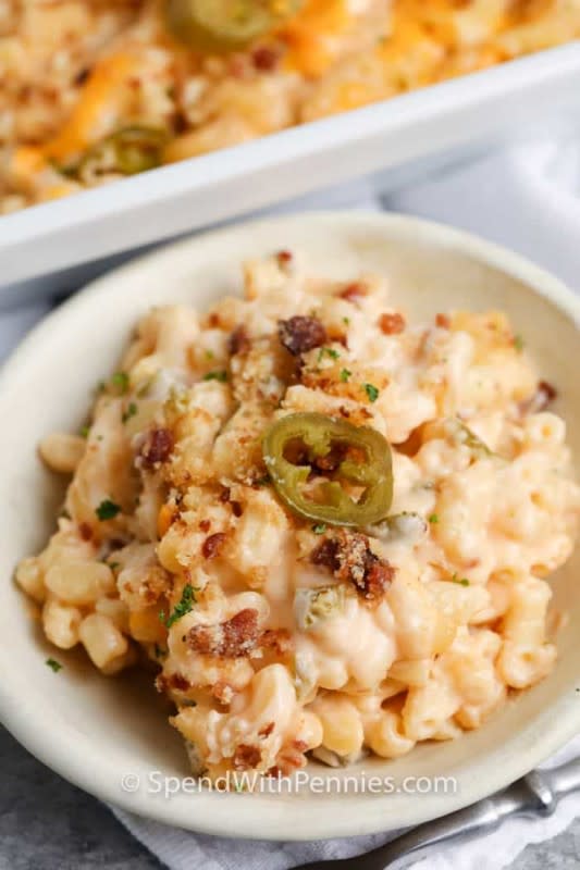 <p>Spend With Pennies</p><p>Comfort food with a kick!</p><p><strong>Get the recipe: <a href="https://www.spendwithpennies.com/bacon-jalapeo-popper-mac-cheese/" rel="nofollow noopener" target="_blank" data-ylk="slk:Baked Jalapeno Mac and Cheese;elm:context_link;itc:0;sec:content-canvas" class="link ">Baked Jalapeno Mac and Cheese</a></strong></p>