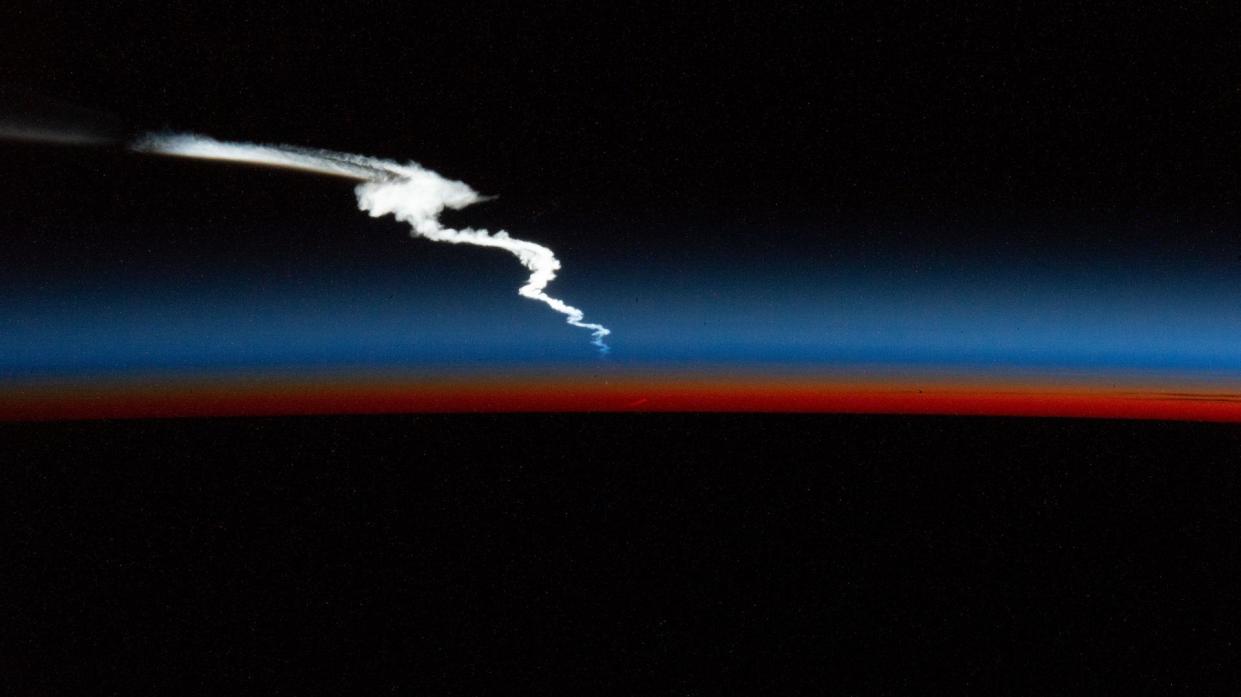  A high-definition camera on the International Space Station's exterior captured this photo of the plume created by a SpaceX Falcon Heavy rocket as it launched the USSF-67 mission for the U.S. Space Force on Jan. 15, 2023. 