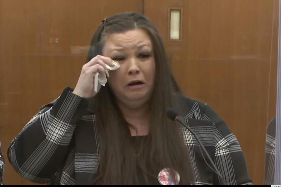 In this screen grab from video, Katie Wright, mother of Daunte Wright, wipes away a tear as she speaks during the sentencing hearing of former Brooklyn Center Police Officer Kim Potter Feb. 18, 2022 at the Hennepin County Courthouse in Minneapolis. (Court TV via AP, Pool, File)