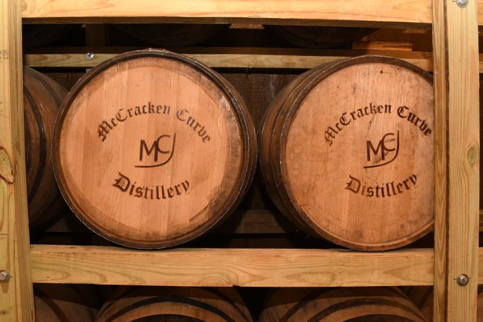 The McCracken Curve Distillery Barrels as they rest in the barns cellar.