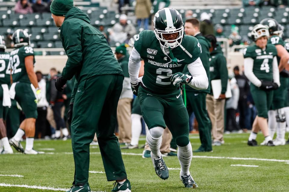 Michigan State wide receiver Julian Barnett warms up before the Penn State game at Spartan Stadium in East Lansing, Saturday, October 26, 2019.