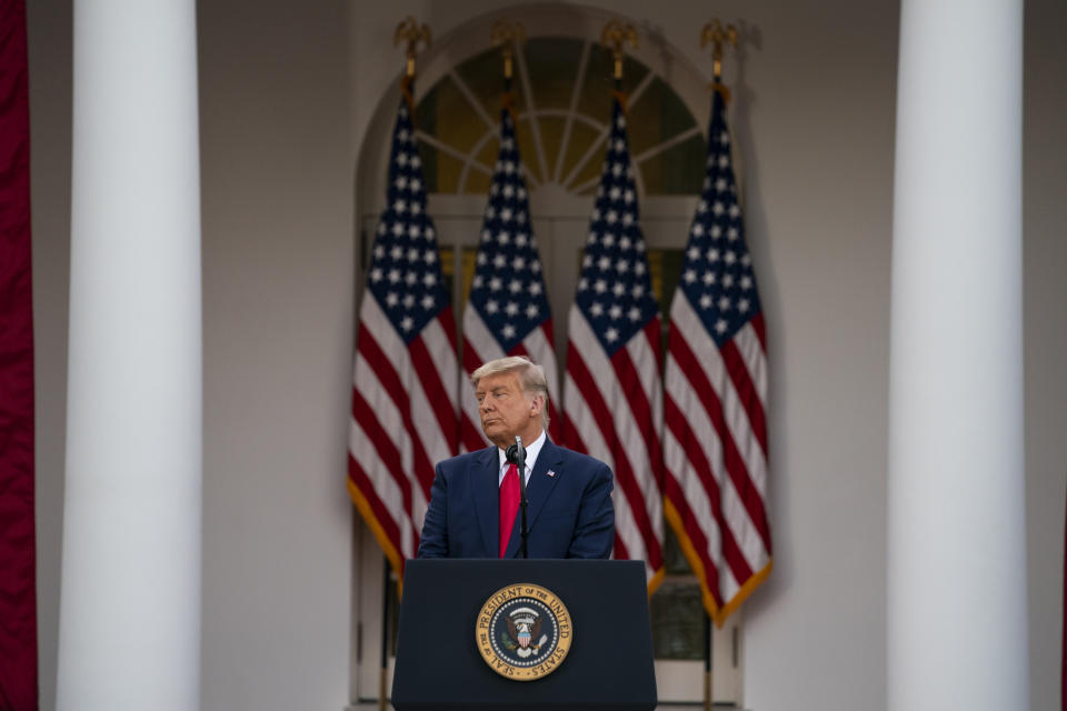 President Donald Trump speaks in the Rose Garden of the White House, Friday, Nov. 13, 2020, in Washington. (AP Photo/Evan Vucci)