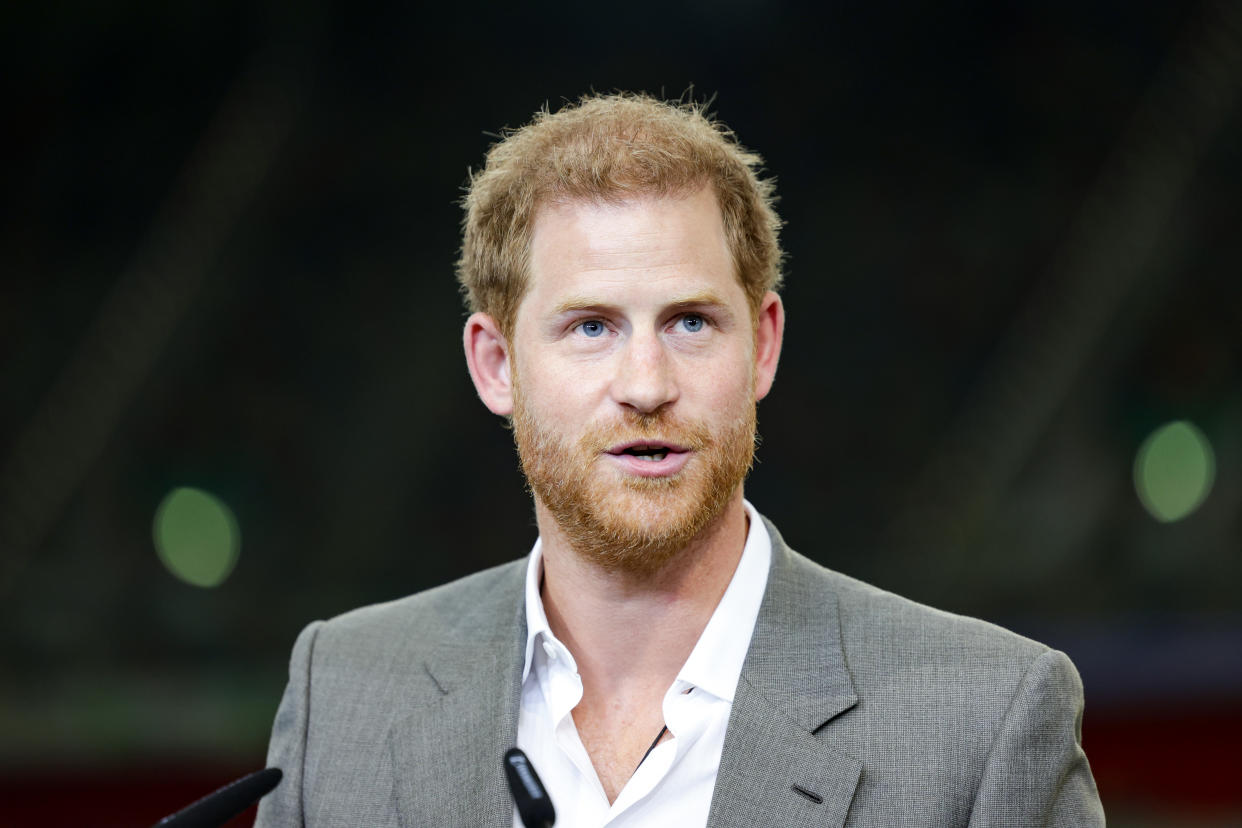 DUSSELDORF, GERMANY - SEPTEMBER 06: Prince Harry, Duke of Sussex speaks on stage during the press conference at the Invictus Games Dusseldorf 2023 - One Year To Go events, on September 06, 2022 in Dusseldorf, Germany. The Invictus Games is an international multi-sport event first held in 2014, for wounded, injured and sick servicemen and women, both serving and veterans. The Games were founded by Prince Harry, Duke of Sussex who's inspiration came from his visit to the Warrior Games in the United States, where he witnessed the ability of sport to help both psychologically and physically. (Photo by Chris Jackson/Getty Images for Invictus Games Dusseldorf 2023)