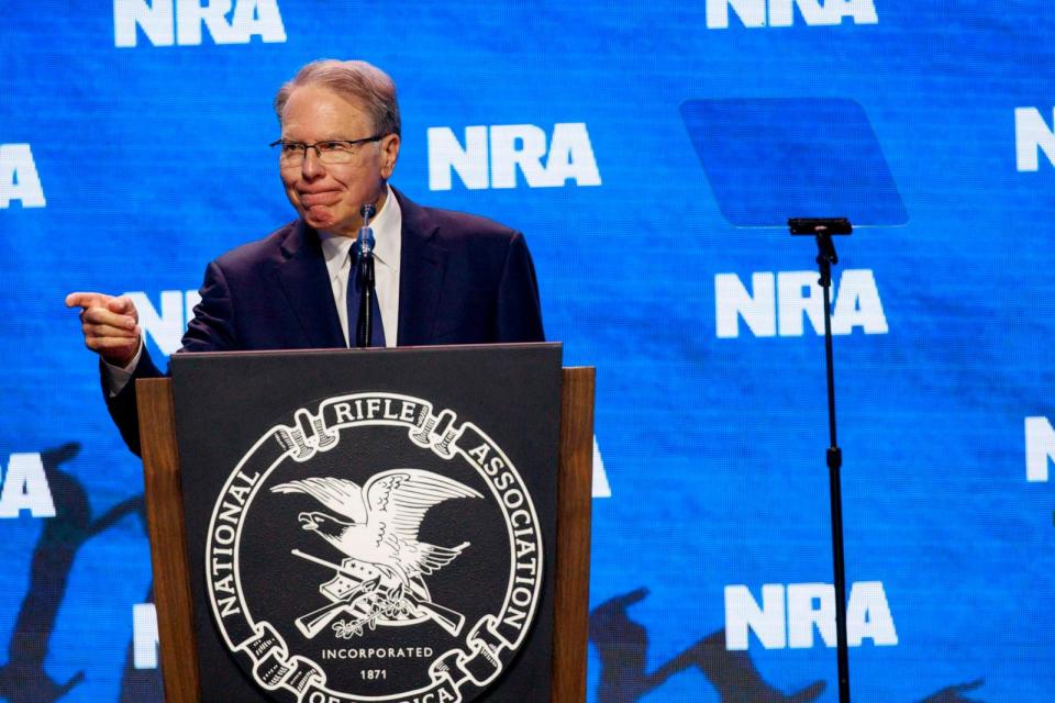 PHOTO: In this April 14, 2023, file photo, NRA Executive Vice President and CEO Wayne LaPierre speaks to guests at the 2023 NRA-ILA Leadership Forum in Indianapolis.  (SOPA Images via LightRocket via Getty Images, FILE)
