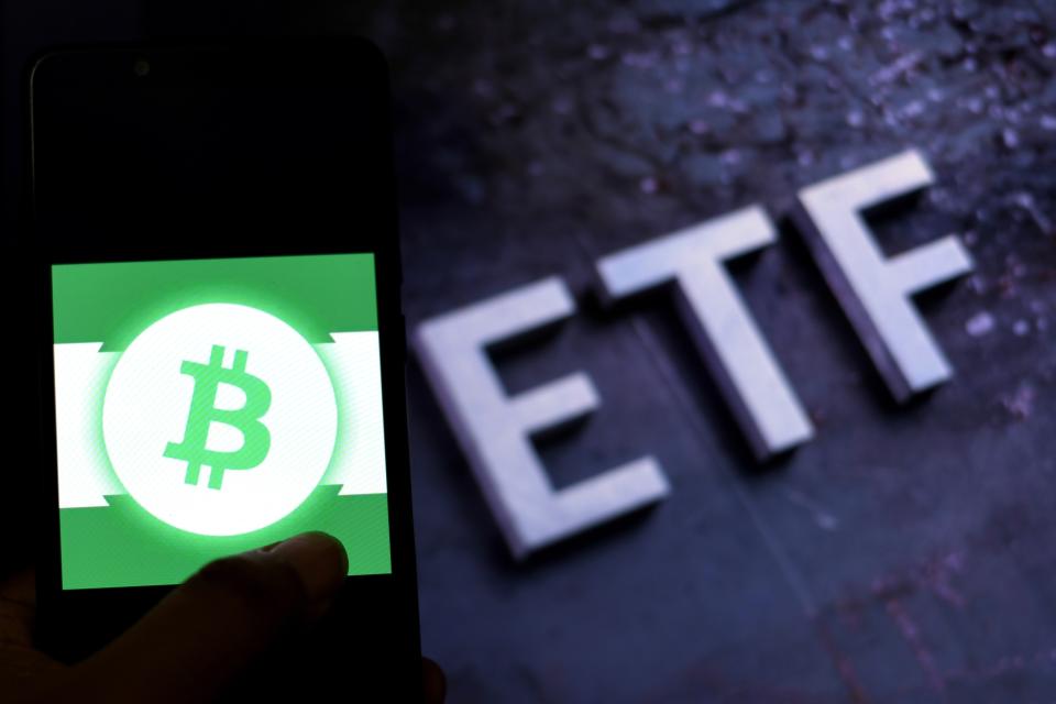 INDIA - 2021/10/16: In this Photo illustration a Bitcoin logo seen displayed on a smartphone with an ETF(exchange traded fund) logo in the background. (Photo Illustration by Avishek Das/SOPA Images/LightRocket via Getty Images)