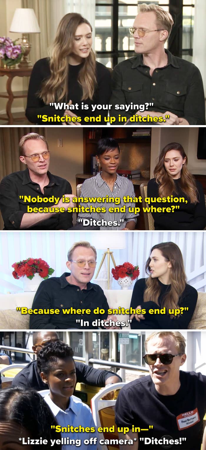 Different instances where Paul Bettany says, "Snitches end up in ditches"