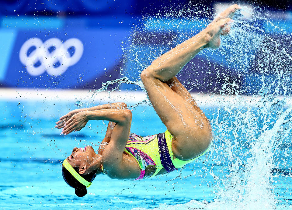 <p>TOKYO, JAPAN - AUGUST 03: Nuria Diosdado and Joana Jimenez of Team Mexico compete in the Artistic Swimming Duet Technical Routine on day eleven of the Tokyo 2020 Olympic Games at Tokyo Aquatics Centre on August 03, 2021 in Tokyo, Japan. (Photo by Wang Xianmin/CHINASPORTS/VCG via Getty Images)</p> 