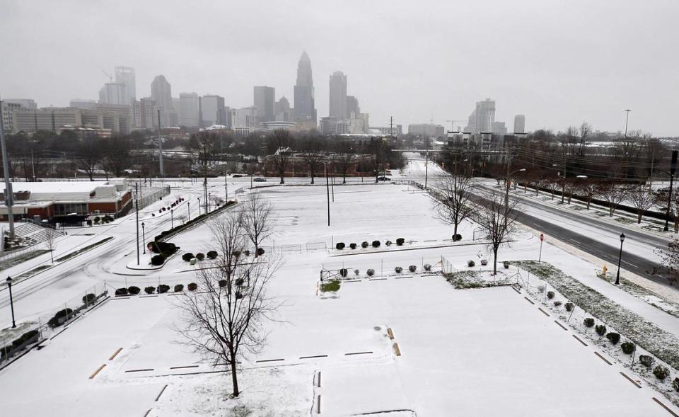 A wintry mix of rain, sleet and snow blanket the landscape in Charlotte, NC on Sunday, January 16, 2022.