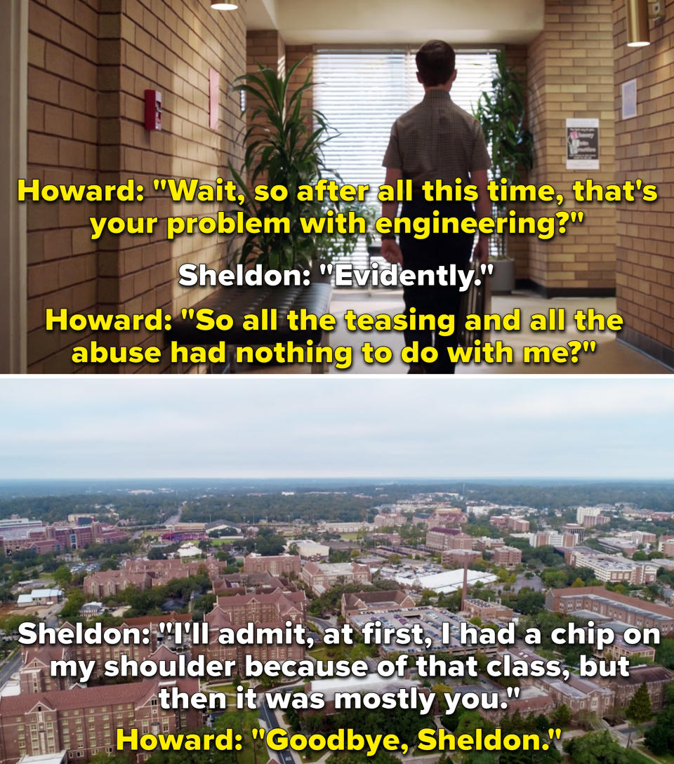 Howard and Sheldon arguing after Howard learns that Sheldon teased him for no reason except hating his class