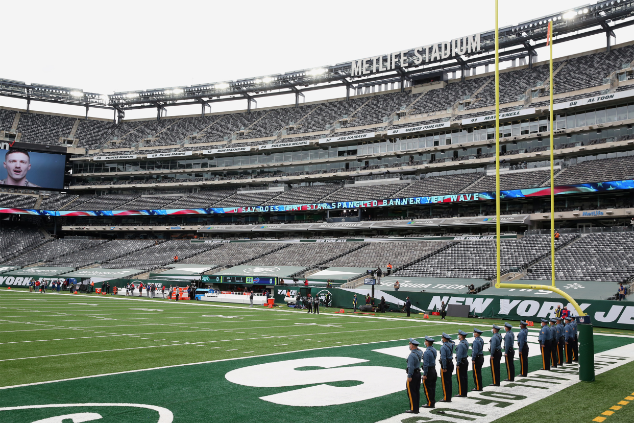 New York Jets, MetLife Stadium, East Rutherford, New Jersey, general view of the Buffalo Bills side line during the singing of the National Anthem before their game against the Buffalo Bills at MetLife Stadium on October 25, 2020 in East Rutherford, New J