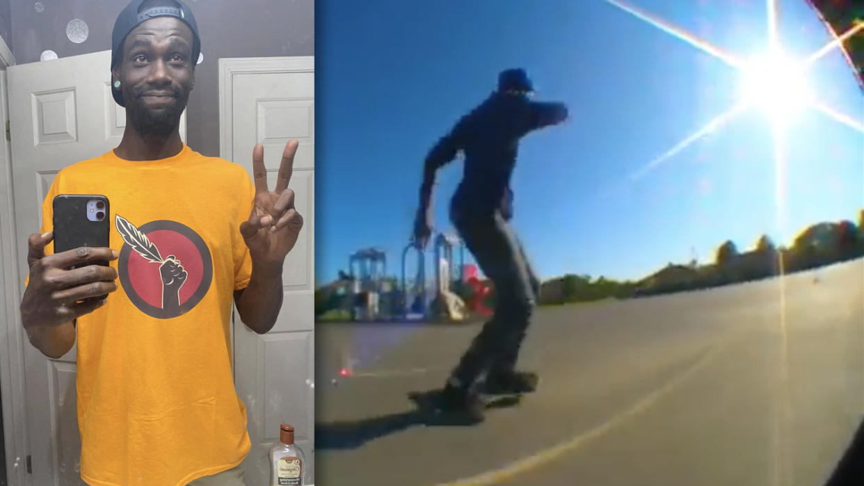 Tyre Nichols taking a selfie, and an image from a video of him riding his skateboard.