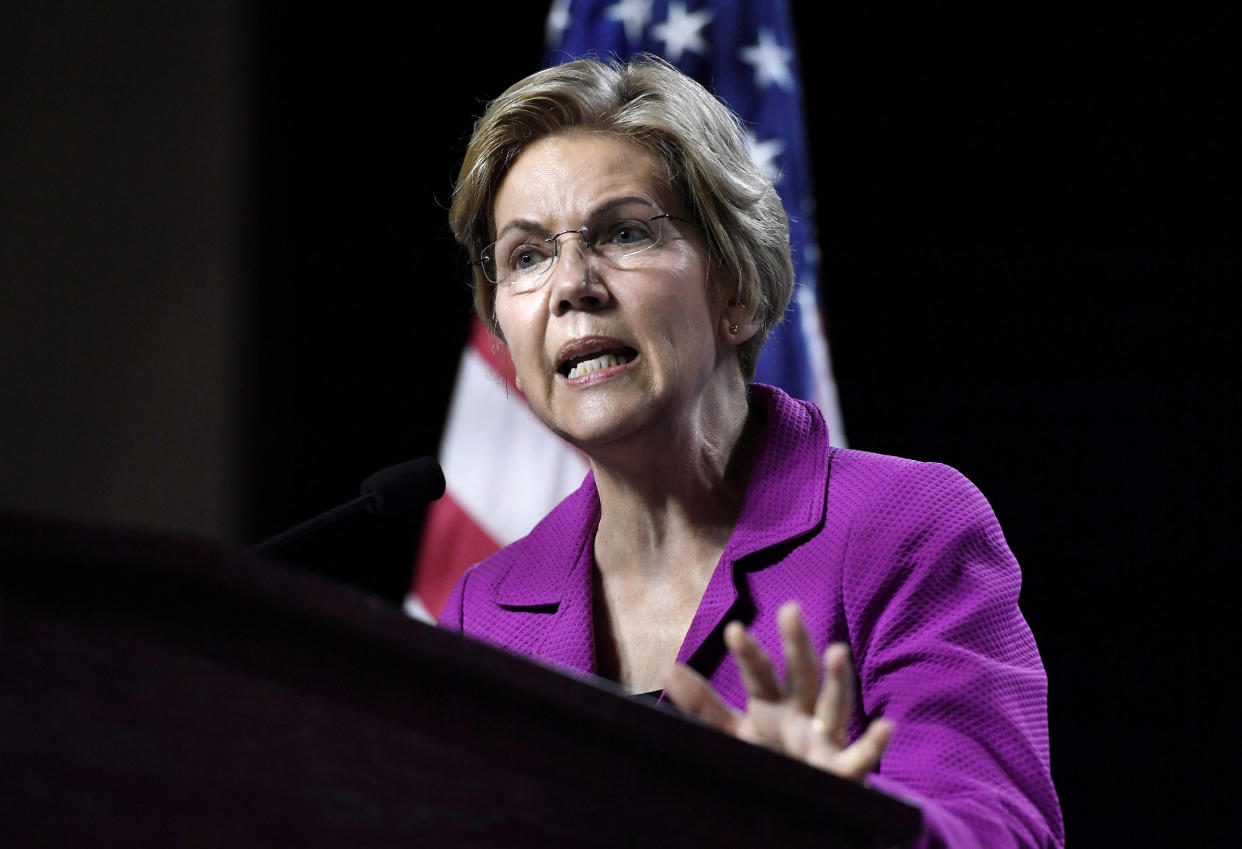 Sen. Elizabeth Warren speaks to delegates during the Massachusetts Democratic Party convention in Springfield on Saturday. (Photo: Jessica Hill/AP)