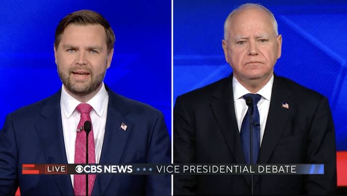 J.D. Vance (left) and Tim Walz (right) participating in a CBS News live vice presidential debate