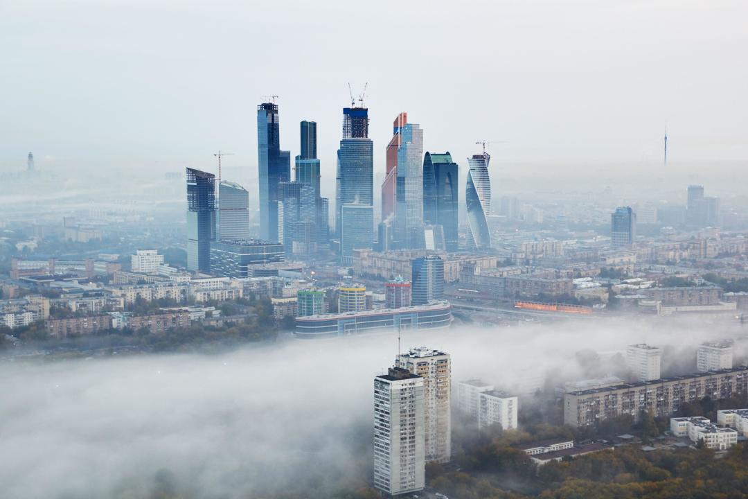 View to the Moscow City business complex and Moscow river from the Sparrow Hills.