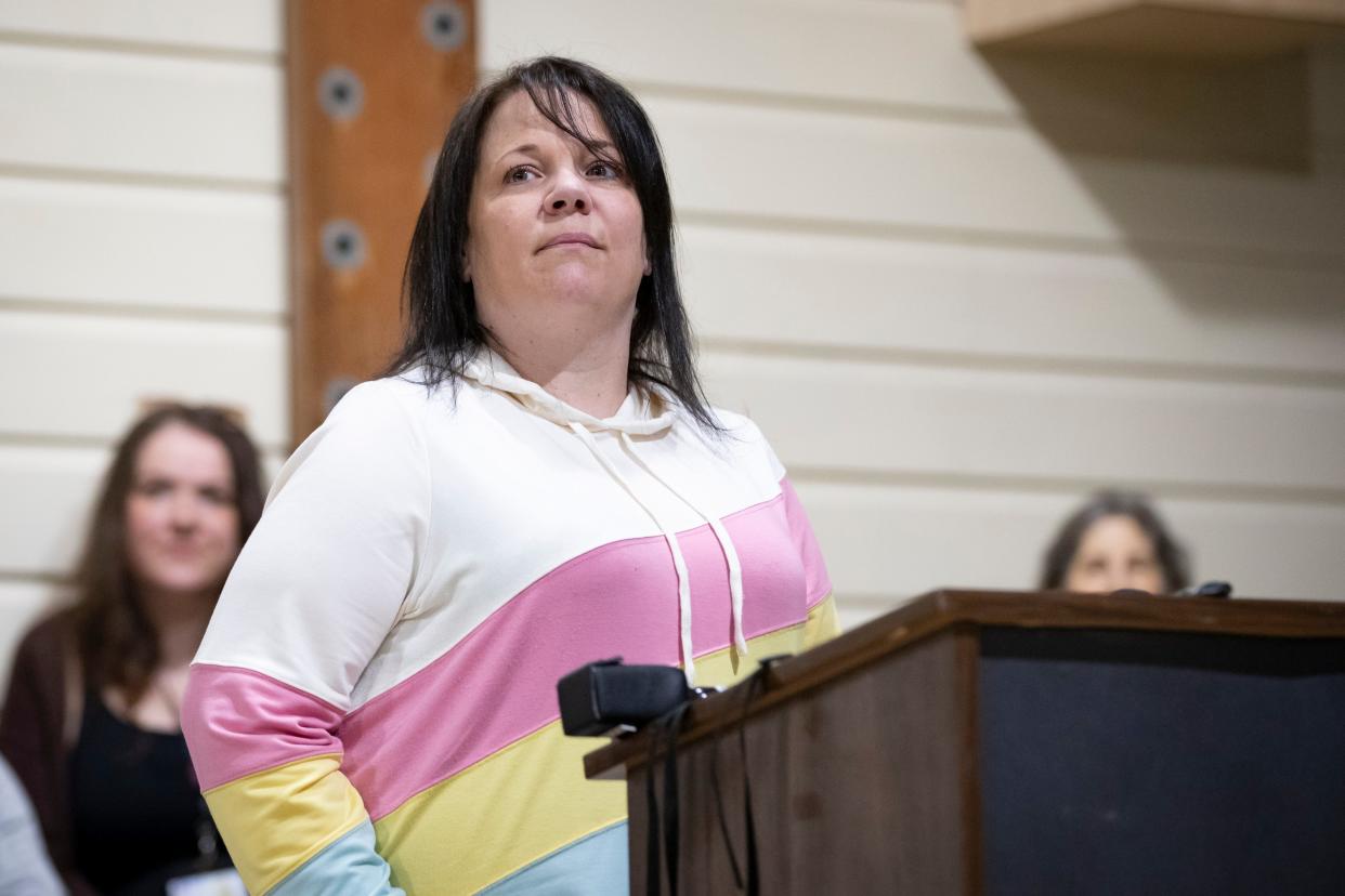 Lizz Rock, a disabled mother of two, discusses her experience with raising kids and inability to work additional hours without losing benefits during a press conference about the Child Tax Credit with Sen. Ron Wyden at Head Start of Lane County Wednesday, March 27, 2024, in Eugene, Ore.