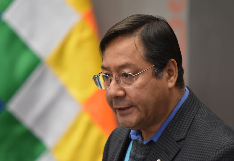 Bolivia's President Luis Arce speaks during a signing ceremony of an agreement with Russia for supplying the Sputnik V coronavirus vaccine in La Paz