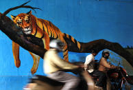 Commuters drive past a painting on the side wall of an under-pass road in Bangalore. Bruhat Bangalore Mahanagara Palike (BBMP) - Greater Bangalore Municipal Body - has embarked on the idea of painting the city walls with colourful motifs and designs. This will not only make the road-side walls get a character of their own, but also please the eyes of commuters. The exercise is also an effort to get rid of the posters and to provide an employment opportunity to artists and also give them a chance to show their talent. <br>AFP PHOTO/Dibyangshu Sarkar