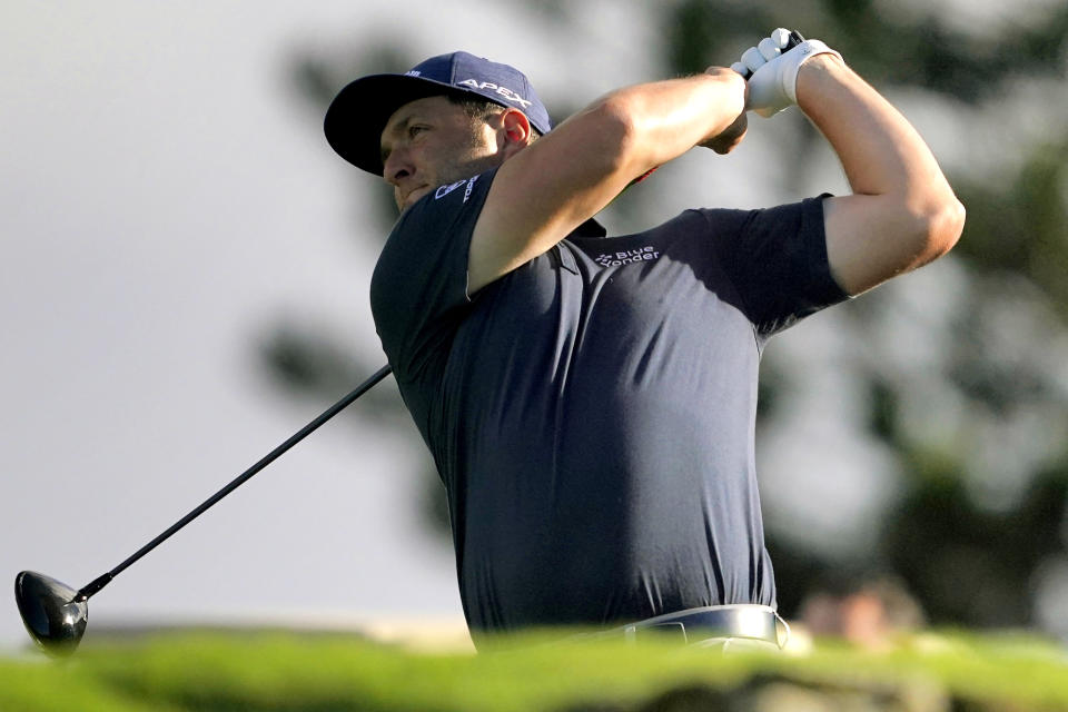 Bryson DeChambeau plays his shot from the first tee during a practice round prior to the Tournament of Champions golf event, Wednesday, Jan. 6, 2021, at Kapalua Plantation Course in Kapalua, Hawaii. (AP Photo/Matt York)