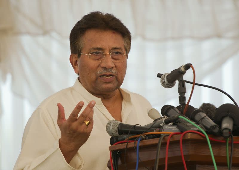 Pakistan's former President Musharraf speaks as he unveils his party manifesto for the forthcoming general election at his residence in Islamabad