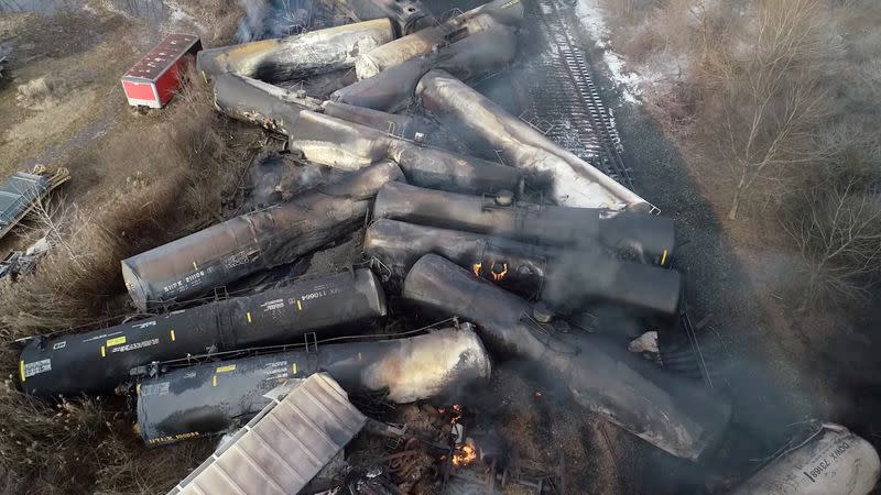 FILE PHOTO: A drone footage shows the freight train derailment in East Palestine, Ohio