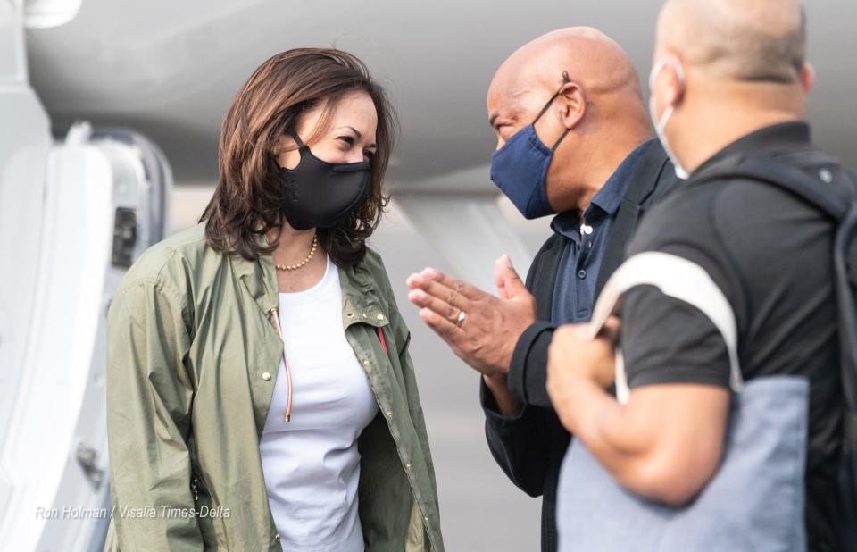 Vice-president candidate Kamala D. Harris departs Fresno Yosemite International Airport on Tuesday, Sept. 15, 2020.