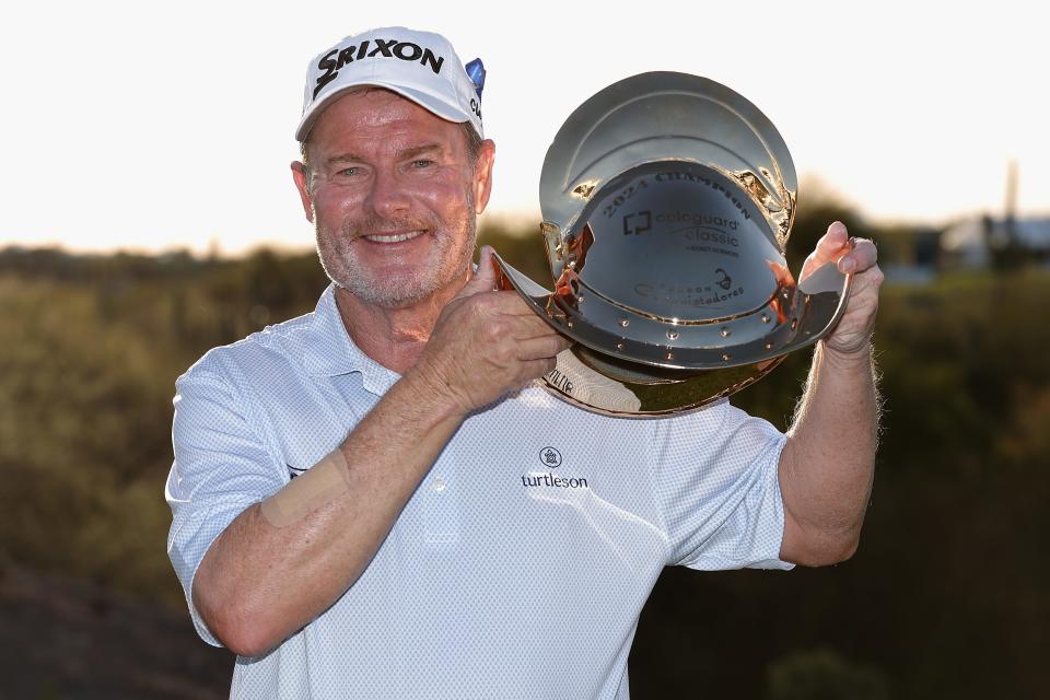 Joe Durant of the United States poses with the trophy after winning the Cologuard Classic at La Poloma Country Club on March 10, 2024, in Tucson, Arizona.