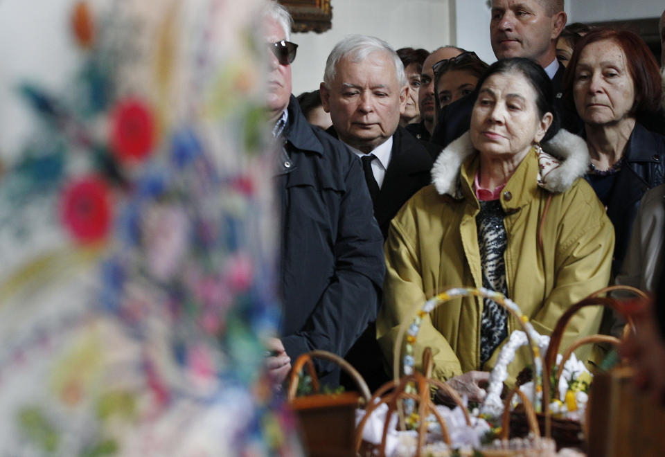 Jaroslaw Kaczynski, the leader of Poland's conservative ruling party, takes part in a Polish tradition of taking a basket to church for a blessing in Warsaw, Poland, Saturday, April 20, 2019.(AP Photo/Czarek Sokolowski)