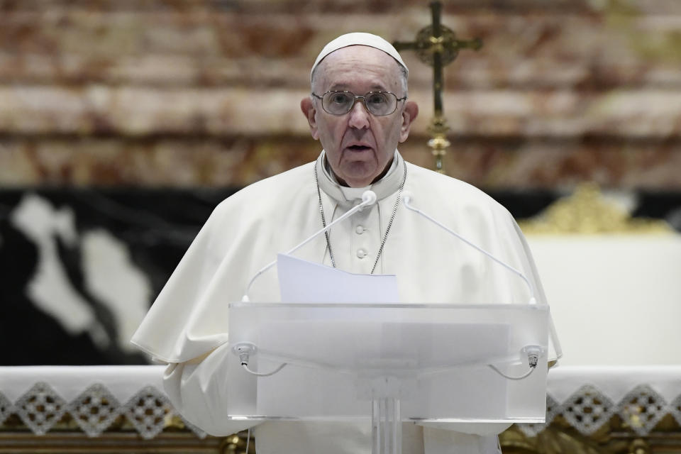 Pope Francis speaks prior to delivering his Urbi et Orbi blessing after celebrating Easter Mass at St. Peter's Basilica at The Vatican Sunday, April 4, 2021, during the Covid-19 coronavirus pandemic. (Filippo Monteforte/Pool photo via AP)