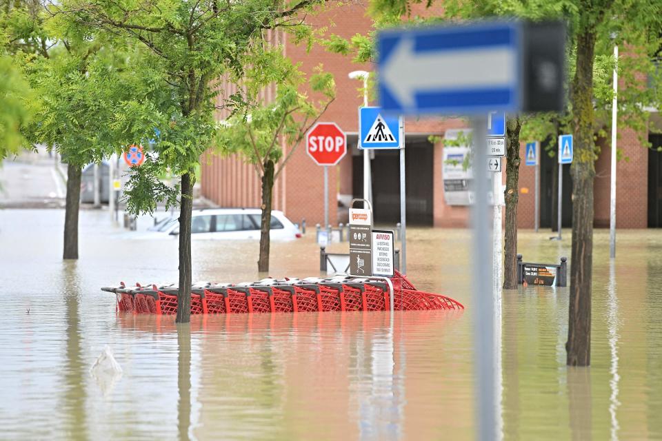 A picture taken in Cesena on May 17, 2023 shows a flooded street after heavy rains have caused major flooding in central Italy.