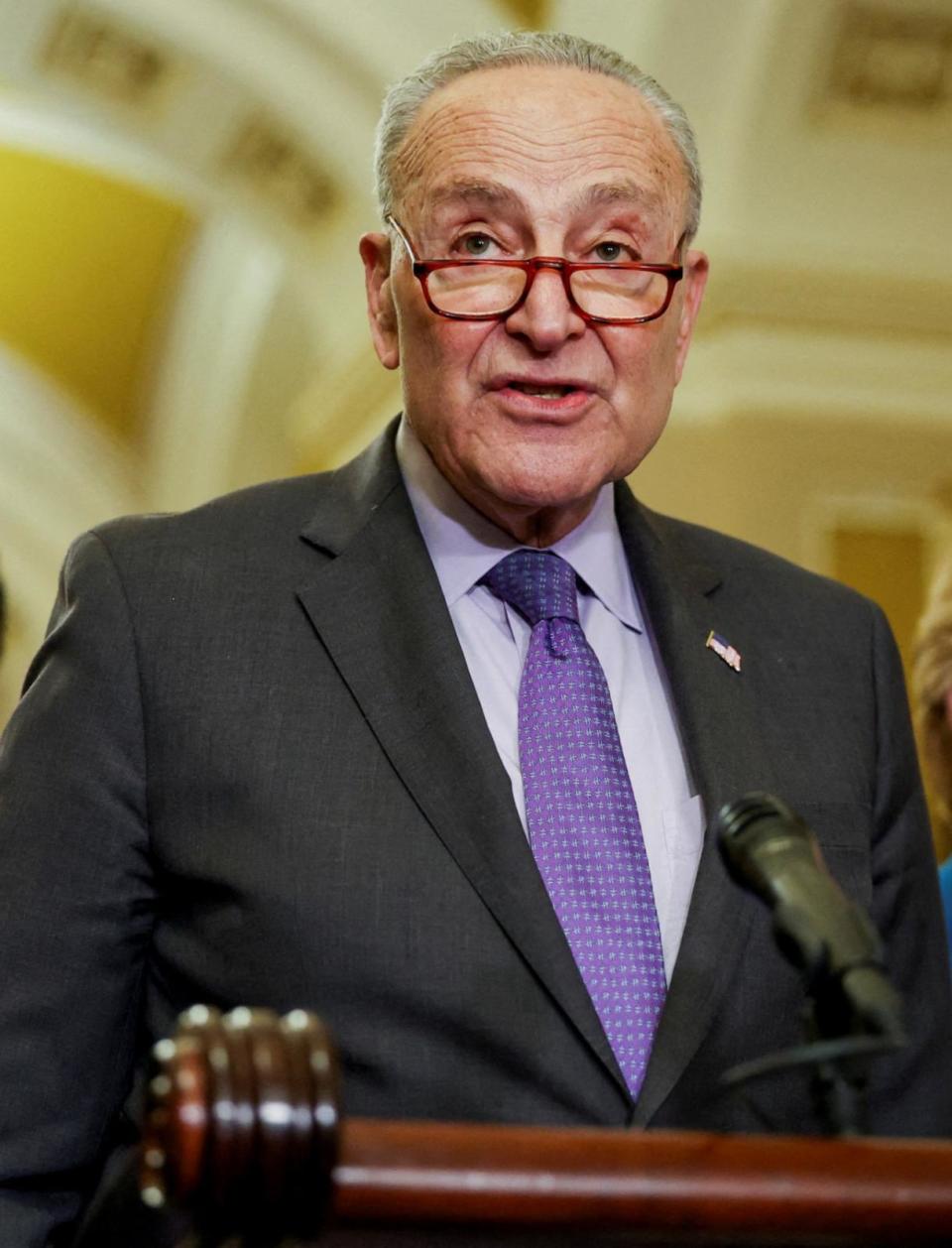 PHOTO: Senate Majority Leader Chuck Schumer speaks during a press conference following the weekly Senate democratic caucus luncheons on Capitol Hill in Washington, March 20, 2024. (Amanda Andrade-Rhoades/Reuters, FILE)