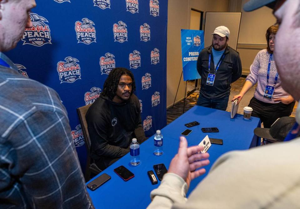 Penn State linebacker Curtis Jacobs addresses the media Thursday during a press conference ahead of the 2023 Chick-fil-A Peach Bowl. The Nittany Lions will take on Ole Miss on Saturday in the bowl game.