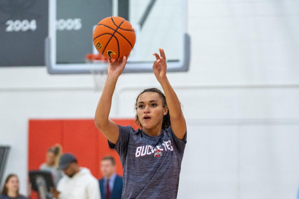 Sep 26, 2023; Columbus, Ohio, United States;
Celeste Taylor makes a jump shot during practice on Tuesday, Sept. 26, 2023 at the Schottensteim Center.