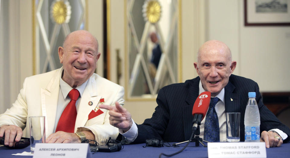 FILE - Russian cosmonaut Alexei Leonov, left, and U.S. astronaut Thomas Stafford, participants of the Apollo-Soyuz space flight, the first international space mission, speak to the media in Moscow, Russia, July 20, 2010. Stafford, who commanded a dress rehearsal flight for the 1969 moon landing and the first U.S.-Soviet space linkup, died Monday, March 18, 2024. He was 93. (AP Photo/Alexander Zemlianichenko, file)