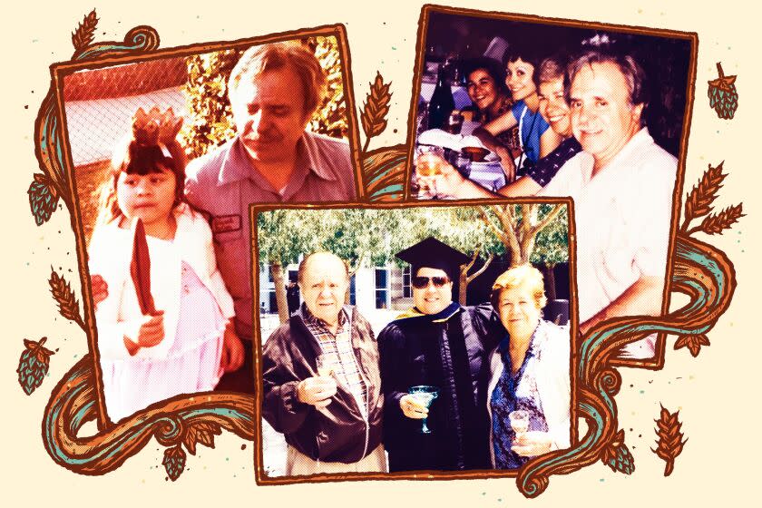 Melissa Mora Hidalgo with her grandfather, left; at her doctoral graduation with her grandparents; and trying her first beer.