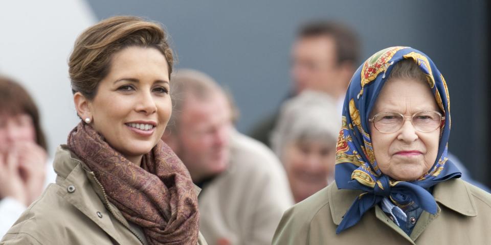 Queen Elizabeth II (R) and Princess Haya in Windsor, Berkshire.