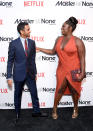 <p>The <i>Master of None</i> creator and star and his guest star were happy to see each other at a screening of Ansari’s new season in NYC. (Photo: Michael Loccisano/Getty Images for Netflix) </p>