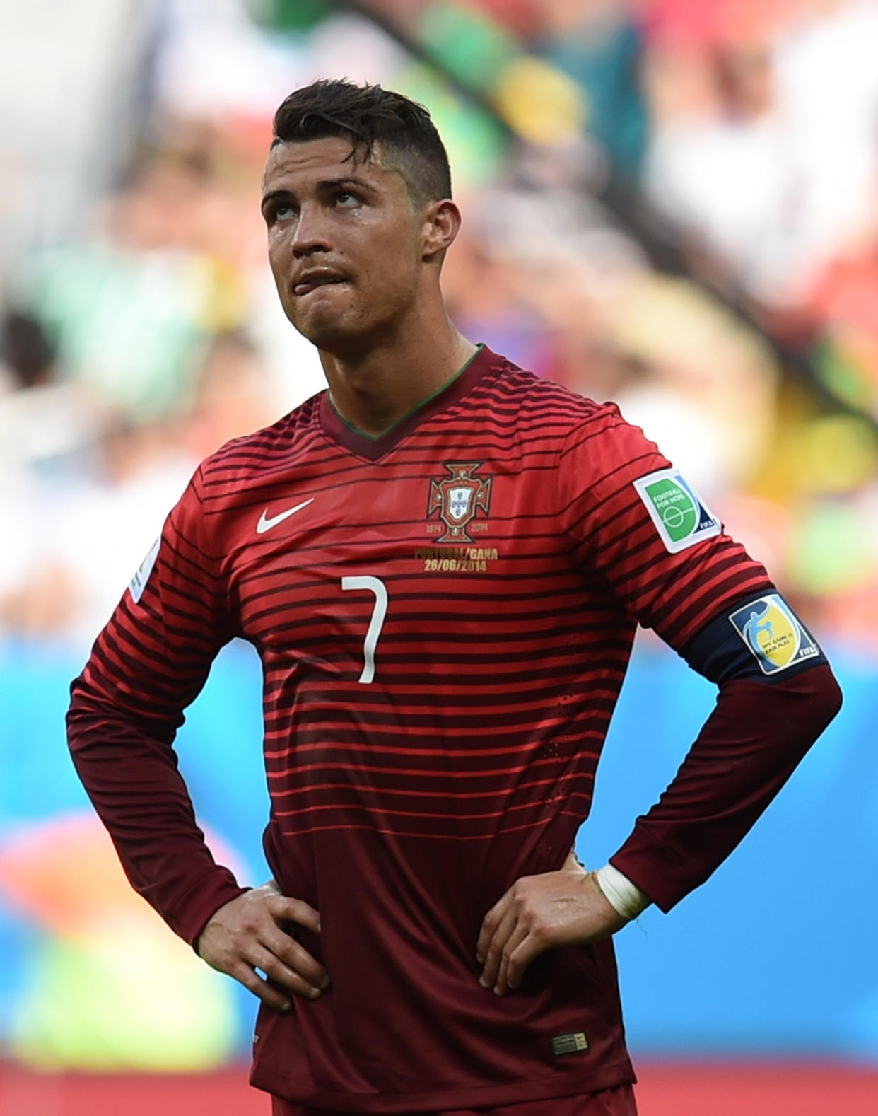 El jugador de Portugal, Cristiano Ronaldo, en un partido contra Ghana en el Mundial el jueves, 26 de junio de 2014, en Brasilia. (AP Photo/Paulo Duarte)