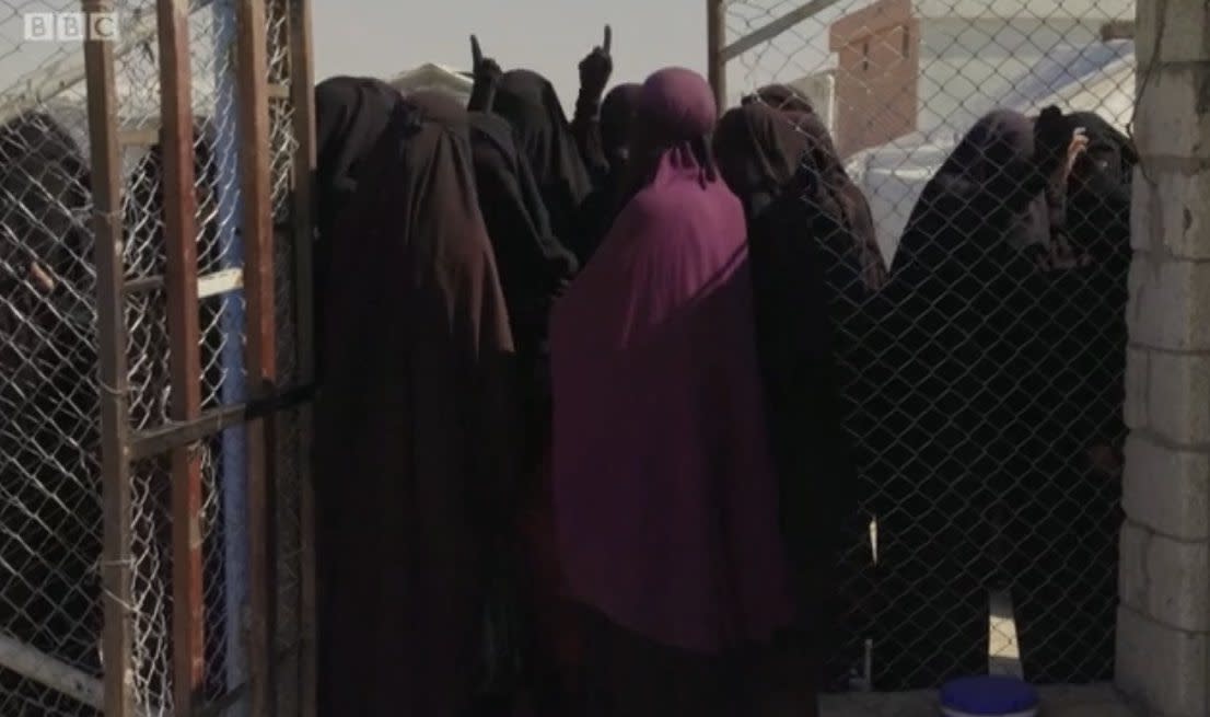 A trailer for the Stacey Dooley Panorama shows a group of ISIS brides pointing to the sky. (BBC)