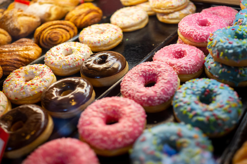 Donuts in a display case