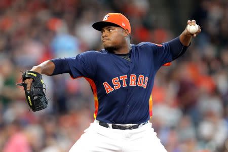 Sep 23, 2018; Houston, TX, USA; Houston Astros starting pitcher Framber Valdez (65) delivers a pitch against the Los Angeles Angels during the fifth inning at Minute Maid Park. Valdez relieved starting pitcher Charlie Morton after the first inning. Mandatory Credit: Erik Williams-USA TODAY Sports