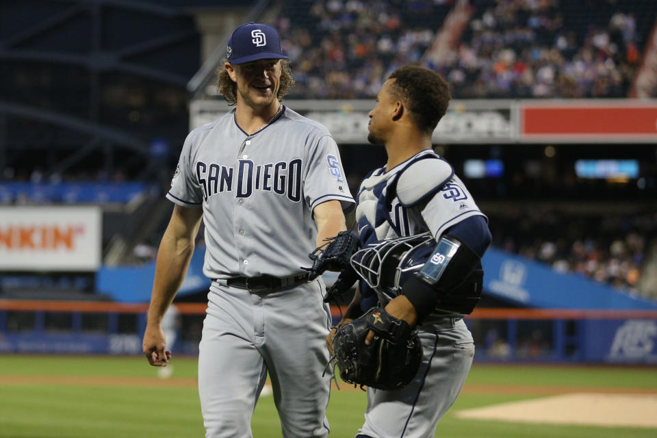 Jul 23, 2019; New York City, NY, USA; San Diego Padres starting pitcher Chris Paddack (59) talks to San Diego Padres catcher Francisco Mejia (27) after the end of the third inning against the New York Mets at Citi Field. Mandatory Credit: Brad Penner-USA TODAY Sports