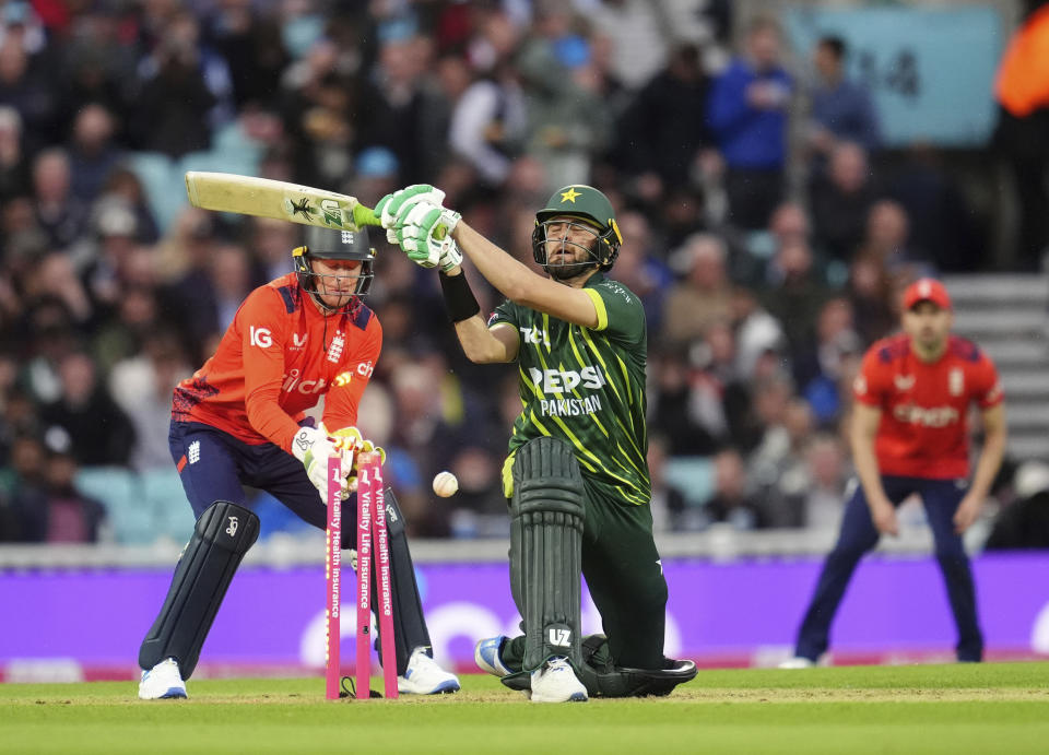 Pakistan's Shaheen Shah Afridi is bowled by England's Liam Livingstone during the fourth IT20 match between England and Pakistan at The Oval ground in London, England, Thursday, May 30, 2024. (Adam Davy/PA via AP)