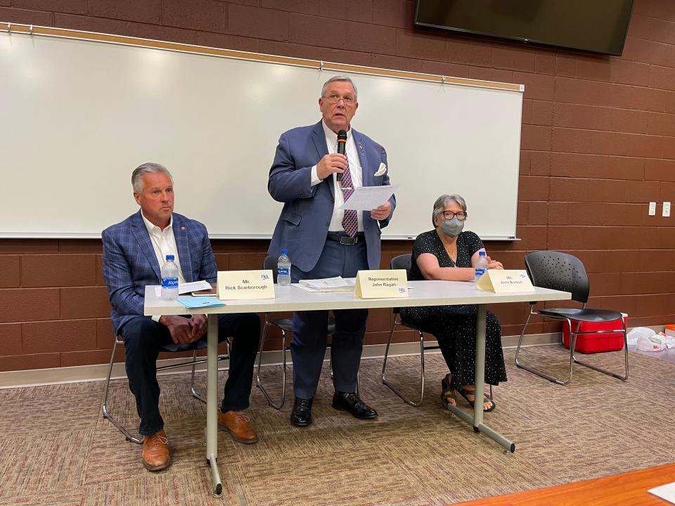 Tennessee Rep. John Ragan, a Republican from Oak Ridge, speaks at a July 9 political forum sponsored by the League of Women Voters of Oak Ridge. On his right is GOP challenger Rick Scarbrough of Clinton, and Anne Backus, left, an Oak Ridger seeking the Democratic nomination in the race. District 33 includes all of Oak Ridge and most of Anderson County.