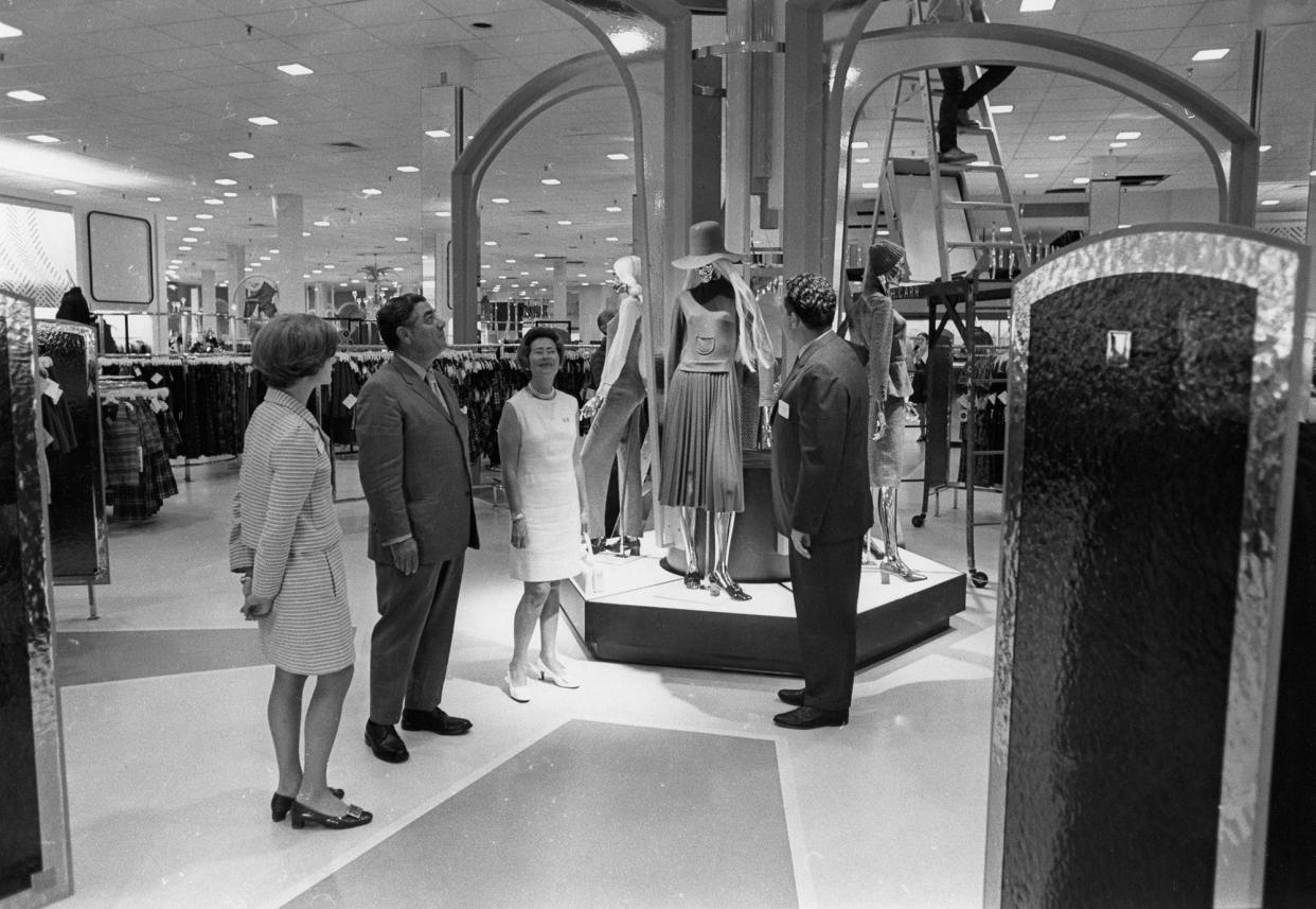 July 1970: Rhode Island Governor Frank Licht and Mrs. Licht, along with Mrs. Colwell and Mr. Lawrence Colwell, store manager, insoect displays at the new Jordan Marsh store in the Warwick Mall.