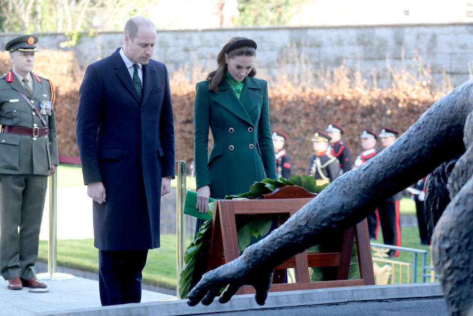 DUBLIN, IRELAND - MARCH 03:  Prince William, Duke of Cambridge and Catherine, Duchess of Cambridge attend a commemorative wreath laying ceremony in the Garden of Remembrance at Aras an Uachtarain during day one of their visit to Ireland on March 03, 2020 in Dublin, Ireland. The Garden is dedicated to those who gave their lives for Irish independence. (Photo by Chris Jackson - Pool/Getty Images)