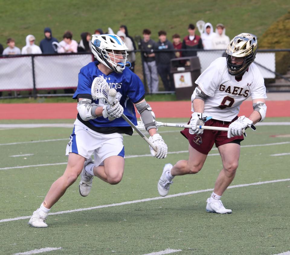 Game action between Iona Prep and Bronxville High School during their boys lacrosse game at Iona Prep in New Rochelle, April 5, 2024.