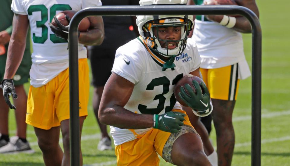 Green Bay Packers running back Emanuel Wilson (31) participates during training camp Thursday, July 27, 2023, at Ray Nitschke Field in Green Bay, Wis.Dan Powers/USA TODAY NETWORK-Wisconsin.