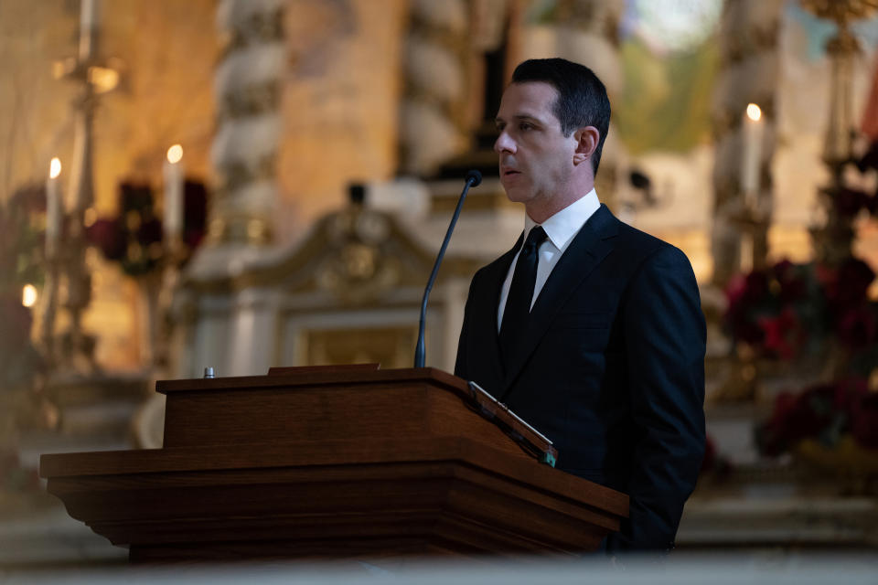 Jeremy Strong as Kendall Roy standing at a podium in church at his father's funeral in Episode 9 of Season 4 of "Succession." 