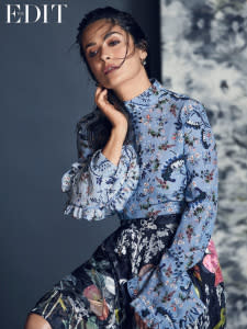 Salma Hayek wears blouse by Erdem, skirt by Preen By Thornton Bregazzi and earrings by Pomellato. Photographed by Nico Bustos for <b>The EDIT</b>, <a href=