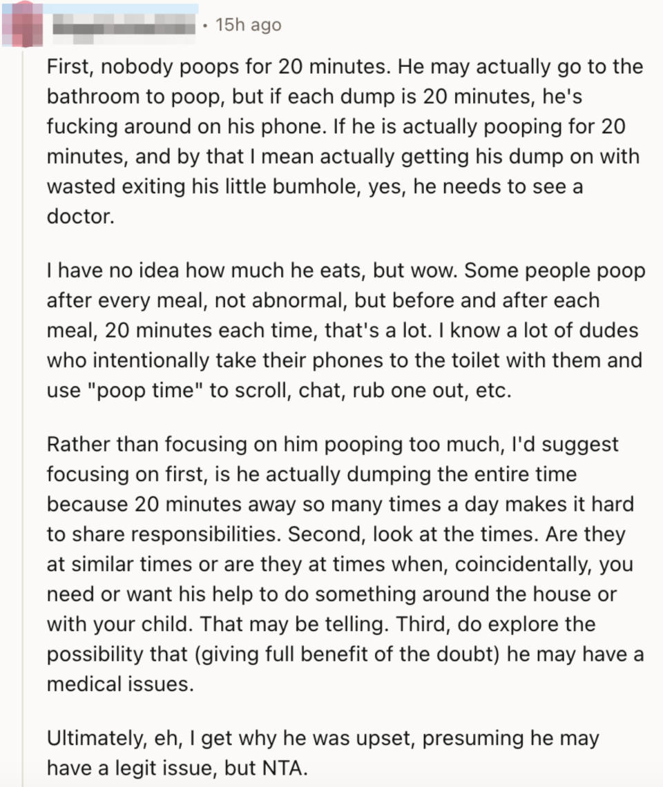 A commenter arguing that "nobody poops for 20 minutes"